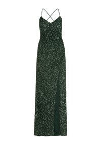 Grünes Pailletten-Kleid mit figurbetontem Design, Spaghettiträgern und einem Schlitz an der Seite. Der Stoff hat eine glitzernde Textur, die seine visuelle Anziehungskraft verstärkt.