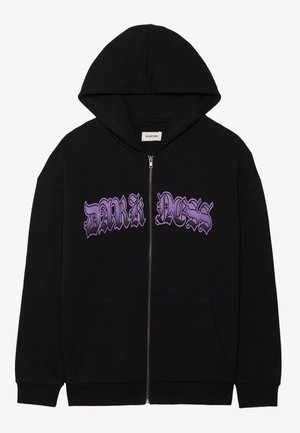 Black zip-up hoodie with a large purple graphic text “DARK NESS” on the front, featuring a solid design and two front pockets.