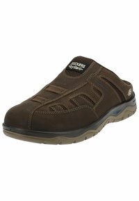 Brauner Slipper aus Leder mit Netzpaneelen, strukturiertem Stich und gepolsterter Sohle. Mit einem Logo auf dem Obermaterial.