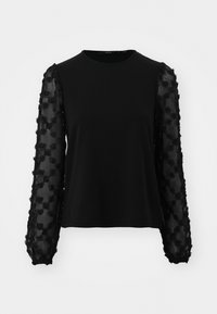 Svart bluse med en solid kropp og gjennomsiktige, broderte blomstermønstrede ermer. Lange ermer med rynkede mansjetter og rund halslinning.