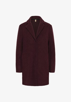 Bordeaux uldjakke med låg krave, lange ærmer og lige snit. Har sidelommer og en blød, tekstureret overflade.