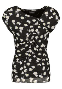 Top corto negro de manga corta con un patrón floral blanco y amarillo. Presenta fruncidos a lo largo del costado y un diseño de escote en V. Material ligero.