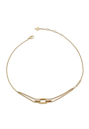 Bracciale in tono dorato con due catene collegate e un'accentuazione centrale, decorato con cristalli trasparenti e chiusura a moschettone.