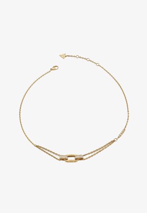 Bransoletka w złotym kolorze z dwiema połączonymi łańcuchami i centralnym akcentem, ozdobiona przezroczystymi kryształami oraz zamknięciem na karabińczyk.