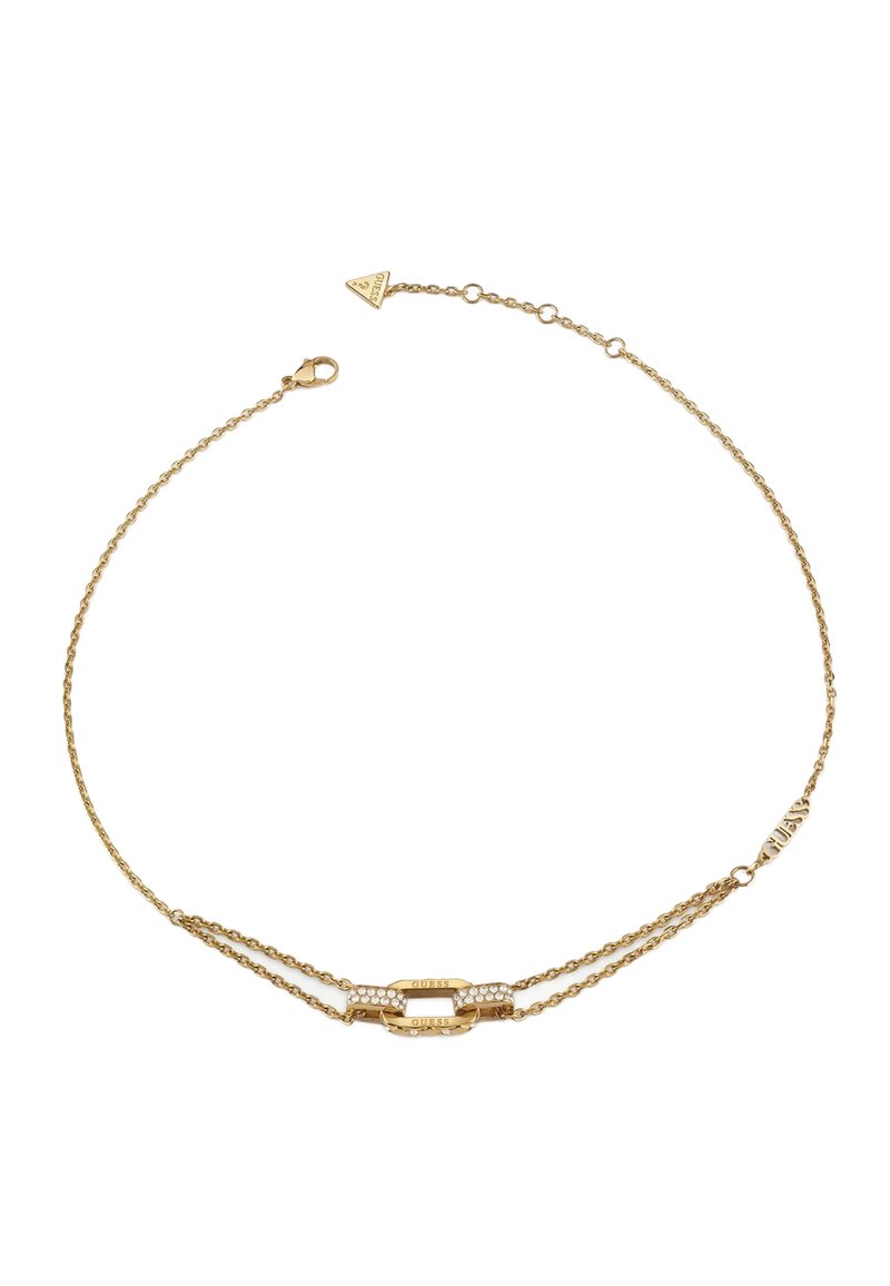 Armband in Goldoptik mit zwei verbundenen Ketten und einem zentralen Akzent, verziert mit klaren Kristallen und einem Karabinerverschluss.