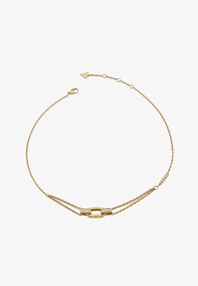 Armband in Goldoptik mit zwei verbundenen Ketten und einem zentralen Akzent, verziert mit klaren Kristallen und einem Karabinerverschluss.