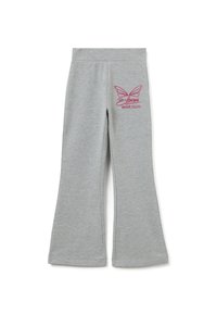 Pantalones infantiles gris claro con piernas acampanadas y logotipo rosa de mariposa "Bloom Winx Club" en el muslo.