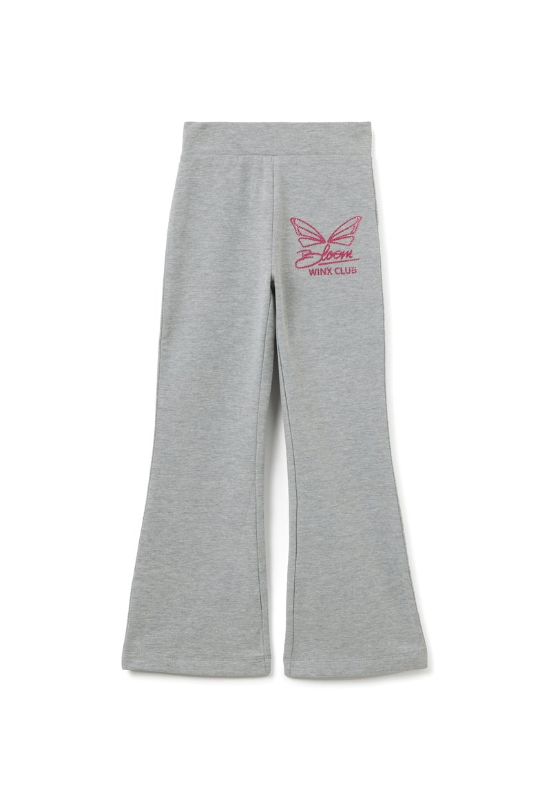 Pantalones infantiles gris claro con piernas acampanadas y logotipo rosa de mariposa "Bloom Winx Club" en el muslo.