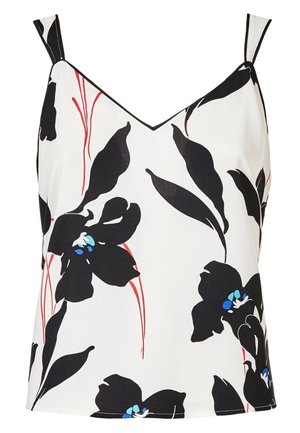 Top blanco sin mangas con tirantes finos que presenta grandes patrones florales negros y pequeños acentos azules y rojos.