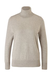 Pull à col roulé gris clair en tissu tricoté doux, avec manches longues et col et ourlet côtelés. Pas de motifs ni d'accents visibles.