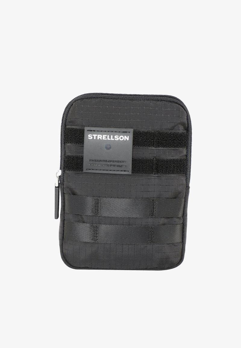 Bustina organizzatrice nera con cerniera, realizzata in tessuto testurizzato con cinghie orizzontali. Presenta una toppa con marchio sulla parte anteriore.