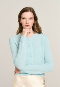 Light blue, knitted cardigan with long sleeves, a round neckline, and five button closures down the front. Soft, textured fabric.