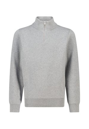 Grau gestrickter Pullover mit hohem Kragen und Viertelreißverschluss. Verfügt über gerippte Bündchen und Saum. Weiche Textur, lockerer Schnitt und klassisches Design.