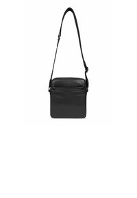 Schwarze Leder-Crossbody-Tasche mit rechteckiger Form, verstellbarem Schultergurt, vorderem Reißverschlussfach und glatter Textur. Ausgestattet mit dezenten Nähten.