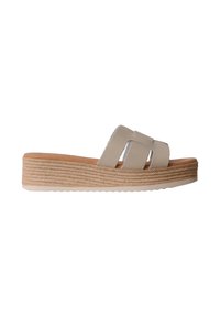 Sandale beige à enfiler avec larges brides et semelle plateforme tressée, conçue pour un usage estival décontracté.