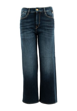 Donkerblauwe spijkerbroek met wijde benen, voorzakken en zichtbare stiksels op de taille en naden.
