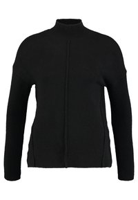 Schwarzer Pullover mit hochgeschlossenem Kragen, langen Ärmeln und strukturierter Oberfläche. Er verfügt über eine zentrale Naht auf der Vorderseite und einen lässigen Schnitt.