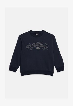 Sweat-shirt bleu marine à manches longues avec poignets et bas côtelés, avec texte stylisé brodé "Quiksilver" sur la poitrine.