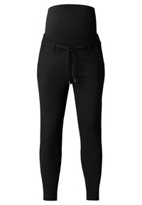 Pantalones de maternidad negros tipo jogger con un diseño ajustado, cinturilla elástica y cordón ajustable. Fabricados con tela suave y elástica.
