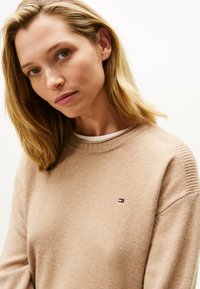 Beiger Pullover mit Rundhalsausschnitt und gerippten Akzenten, mit einem kleinen Logo auf der linken Brust. Weicher Stoff und lockere Passform.