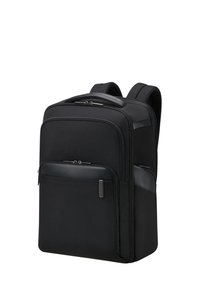 Sac à dos noir en tissu durable avec une texture lisse, doté de plusieurs poches à fermeture éclair, de bretelles ergonomiques et d'un design rectangulaire élégant.