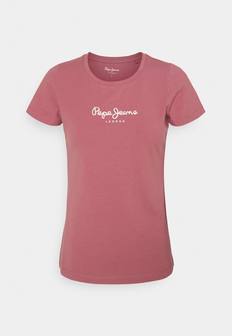 T-shirt à manches courtes en coton rose doux, avec un col rond et le logo blanc "Pepe Jeans London" imprimé sur le devant.