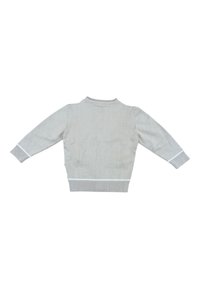 Maglione grigio chiaro con collo alto, con polsini e orlo a coste. Presenta dettagli bianchi sui polsini e sull'orlo, con una superficie tessuta liscia.
