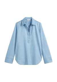 Lichtblauwe langarmshirt van zachte stof, met een kraag, een halve knopenlijst en een gebogen zoom. Eenvoudig, zonder patronen of accenten.