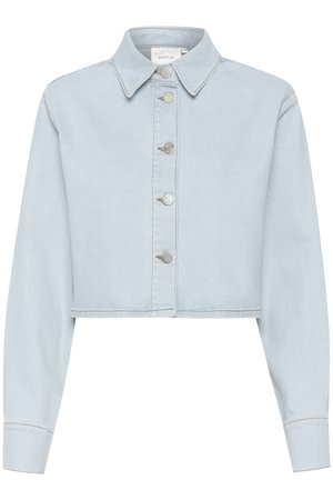 Helleblaue Jeansjacke mit einem verkürzten Design, spitzem Kragen und silbernen Knöpfen. Verfügt über lange Ärmel und Kontrastnähte.