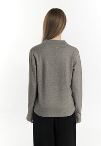 Grauer Pullover mit Kragen, gerippten Bündchen und Saum. Der Stoff wirkt weich mit glatter Textur. Verfügt über ein kleines Logo auf dem oberen Rücken.