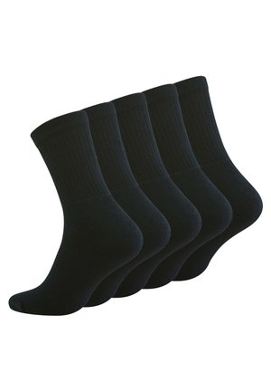 Calzini neri in cotone a maniche corte, confezione da cinque, con polsini a coste, texture liscia e talloni rinforzati. Adatti per l'uso quotidiano.