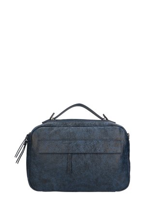 Borsa in pelle blu navy con finitura testurizzata, manico superiore, chiusura con zip e tasca frontale. Presenta una nappina come tirazip per un tocco di dettaglio in più.