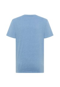 Svetlomodré bavlnené tričko s krátkymi rukávmi, okrúhlym výstrihom a hladkou textúrou. Má jednoduchý dizajn v jednofarebnom prevedení bez ozdôb.