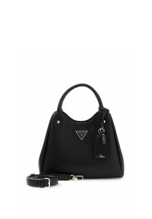 Sac à main Guess en cuir noir avec poignées supérieures, bandoulière détachable et plaque logo triangulaire sur le devant.