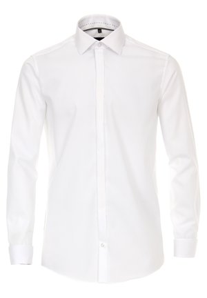 Weißes Langarmhemd, durchgehende Knopfleiste, klassischer Kragen, glatte Textur, strukturierte Passform, Einzelmanschette, keine Muster oder Akzente.