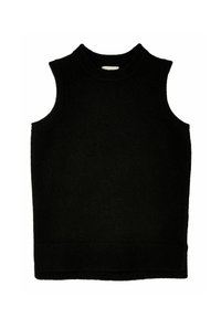 Débardeur en maille noir sans manches avec col rond et ourlet côtelés, présenté à plat sur un fond blanc.