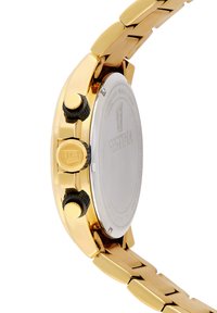 Zelta tonis nerūsējošā tērauda pulkstenis ar apaļu korpusu, melniem teksturētiem pogām un spīdīgu metāla siksnu. Gluda sudraba aizmugure ar zīmolu.