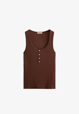 Brun ribbad linne med rund halsringning, med en femknapps knäppning framtill och en figurnära silhuett. Inga synliga lappar.