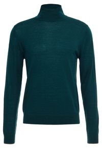 Pull col roulé bleu sarcelle en tissu doux et léger avec manches longues et poignets côtelés, doté d'une silhouette ajustée et d'une texture lisse.