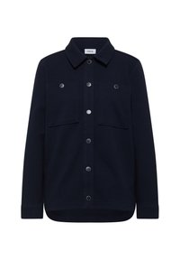 Camisa de botones azul marino con cuello, dos bolsillos en el pecho, botones a presión metálicos y un dobladillo ligeramente curvado. Textura de tela suave.