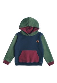 Sweat-shirt à capuche avec un corps bleu marine, des manches vertes et une poche bordeaux. Détail de broderie d'éléphant sur la poitrine. Tissu doux.