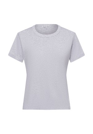 Hellgraues Kurzarm-T-Shirt mit Rundhalsausschnitt, aus strukturiertem Stoff gefertigt und mit einem lässigen Schnitt. Keine sichtbaren Muster oder Drucke.