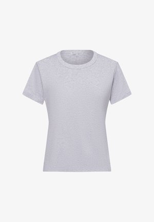 Hellgraues Kurzarm-T-Shirt mit Rundhalsausschnitt, aus strukturiertem Stoff gefertigt und mit einem lässigen Schnitt. Keine sichtbaren Muster oder Drucke.