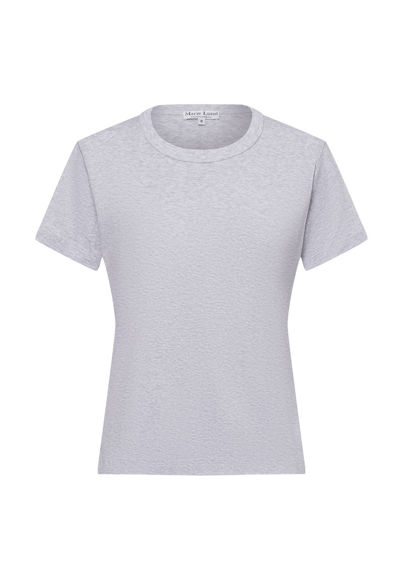 Light gray short-sleeve T-shirt with a round neck, made from textured fabric, featuring a relaxed fit. No visible patterns or prints.