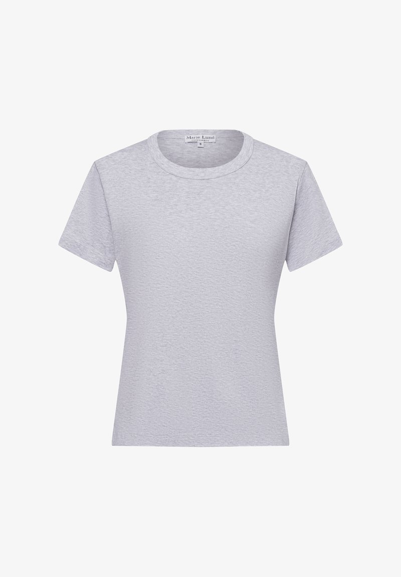 Light gray short-sleeve T-shirt with a round neck, made from textured fabric, featuring a relaxed fit. No visible patterns or prints.