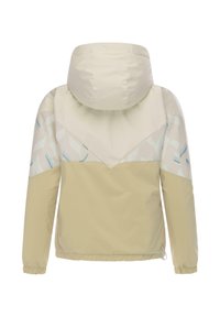 Hooded jack in beige en licht crèmekleurig, met een geometrisch patroon in zacht blauw; elastische boorden en zoom voor een verstelbare pasvorm.