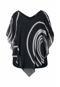 Top nero con sovrapposizione di tessuto trasparente, caratterizzato da motivi a spirale bianchi. Collo a V con maniche corte a volant e accessori decorativi sulle spalle.