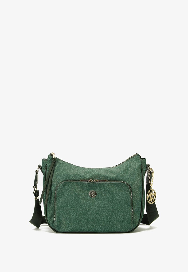 Borsa a tracolla verde, con una forma curva e texture, dotata di hardware dorato, tasca frontale con zip e dettaglio con charm. Cinghia regolabile.
