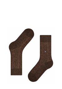 Calzini marroni con un design a maglia testurizzata, polsino a coste e un piccolo dettaglio metallico su un calzino. Finitura liscia e forma alla caviglia.
