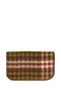 Rektangulær stofpose med brunt, sennepsgult, rødt og cremefarvet hundetands- og ternet mønster, syede kanter og afrundede hjørner på den ene side.